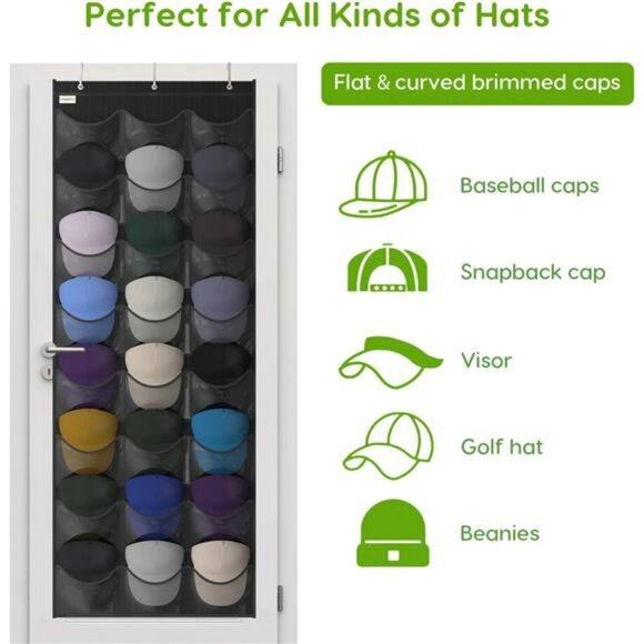 Baseball Hat Organizer Over Door Rack 24 Pocket Cap Holder Display Storage - Picture 5 of 8